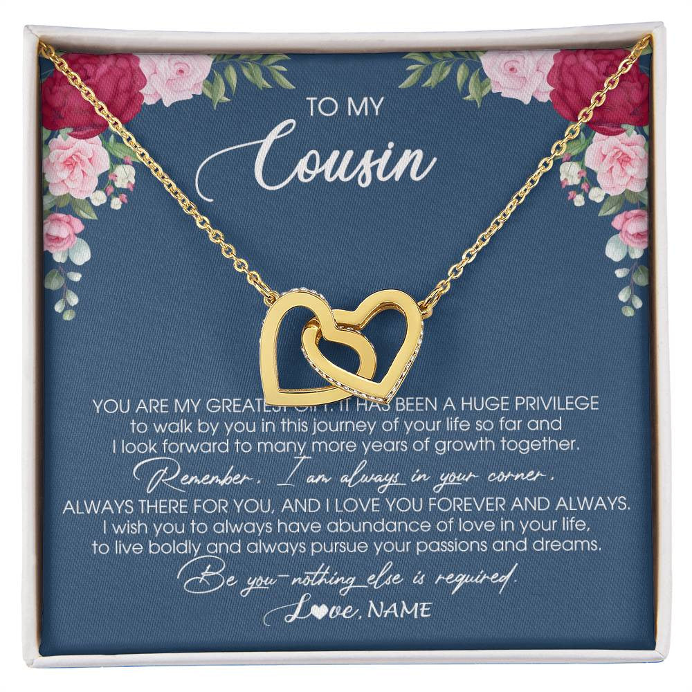 Interlocking Hearts Necklace 18K Yellow Gold Finish | Personalized To My Cousin Necklace From Family You Are My Greatest Gift Cousin Birthday Christmas Customized Jewelry Gift Box Message Card | teecentury