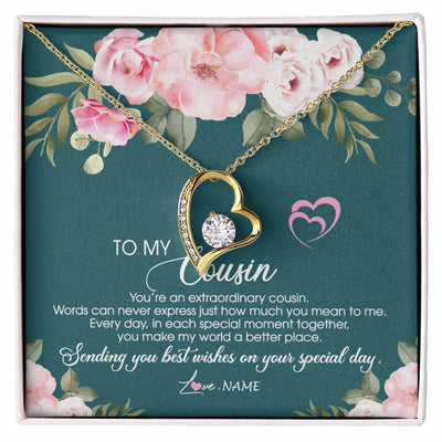 Forever Love Necklace 18K Yellow Gold Finish | Personalized To My Cousin Necklace Jewelry Best Cousin Ever You're An Extraordinary Cousin Women Birthday Graduation Christmas Customized Message Card | teecentury