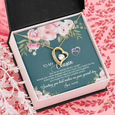Forever Love Necklace 18K Yellow Gold Finish | Personalized To My Cousin Necklace Jewelry Best Cousin Ever You're An Extraordinary Cousin Women Birthday Graduation Christmas Customized Message Card | teecentury