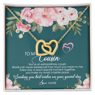 Interlocking Hearts Necklace 18K Yellow Gold Finish | Personalized To My Cousin Necklace Jewelry Best Cousin Ever You're An Extraordinary Cousin Women Birthday Graduation Christmas Customized Message Card | teecentury