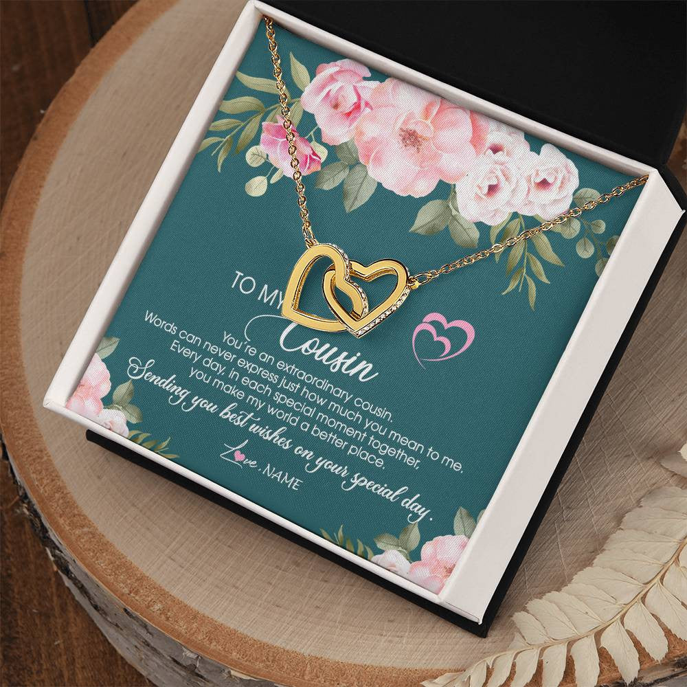 Interlocking Hearts Necklace 18K Yellow Gold Finish | Personalized To My Cousin Necklace Jewelry Best Cousin Ever You're An Extraordinary Cousin Women Birthday Graduation Christmas Customized Message Card | teecentury