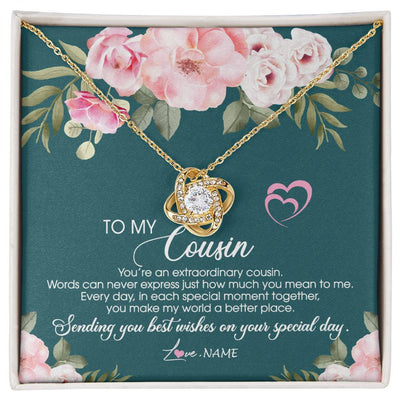 Love Knot Necklace 18K Yellow Gold Finish | Personalized To My Cousin Necklace Jewelry Best Cousin Ever You're An Extraordinary Cousin Women Birthday Graduation Christmas Customized Message Card | teecentury