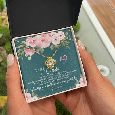Love Knot Necklace 18K Yellow Gold Finish | Personalized To My Cousin Necklace Jewelry Best Cousin Ever You're An Extraordinary Cousin Women Birthday Graduation Christmas Customized Message Card | teecentury