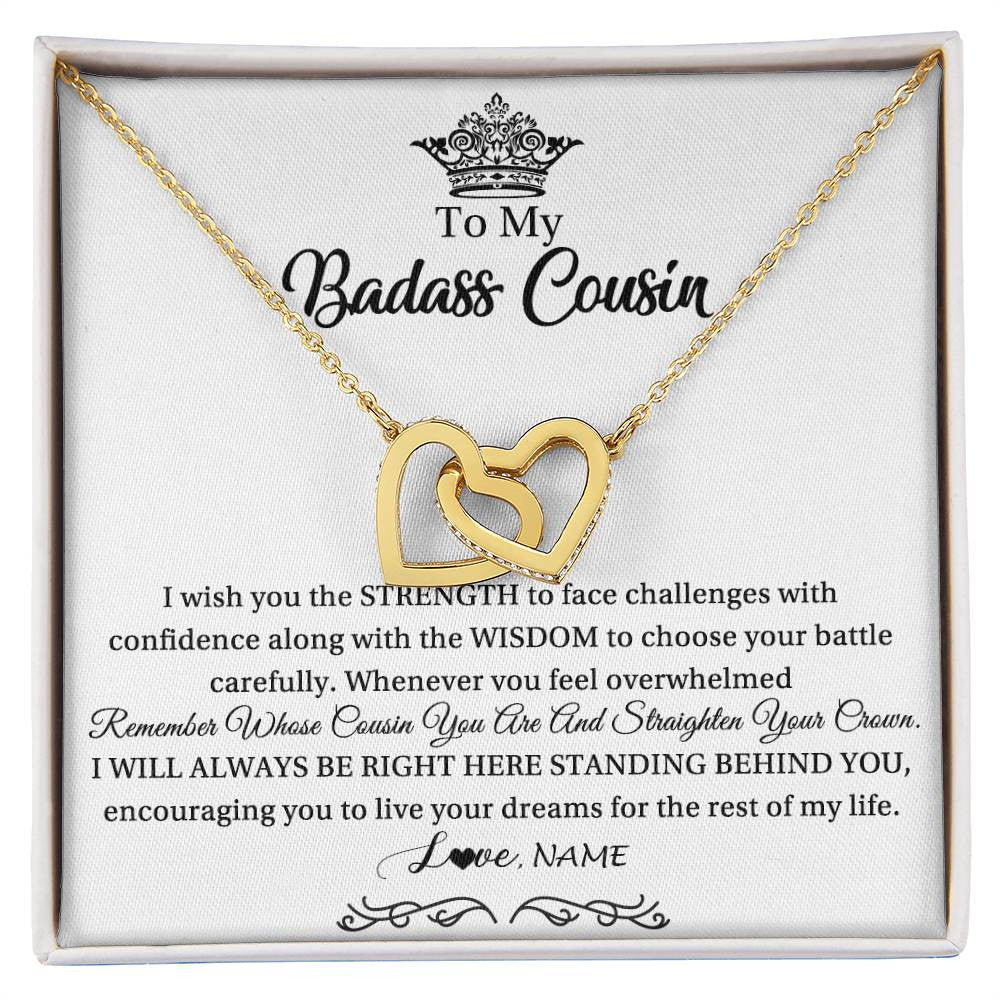Interlocking Hearts Necklace 18K Yellow Gold Finish | Personalized To My Cousin Necklace Straighten Your Crown Cousin Pendant Jewelry Birthday Graduation Christmas Customized Gift Box Message Card | teecentury