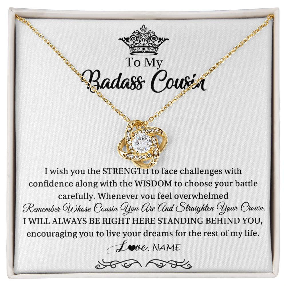 Love Knot Necklace 18K Yellow Gold Finish | Personalized To My Cousin Necklace Straighten Your Crown Cousin Pendant Jewelry Birthday Graduation Christmas Customized Gift Box Message Card | teecentury