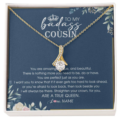 Alluring Beauty Necklace 18K Yellow Gold Finish | Personalized To My Cousin Necklace Straighten Your Crown Cousin Queen Pendant Jewelry Birthday Graduation Christmas Customized Gift Box Message Card | teecentury