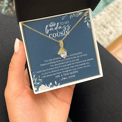 Alluring Beauty Necklace 18K Yellow Gold Finish | Personalized To My Cousin Necklace Straighten Your Crown Cousin Queen Pendant Jewelry Birthday Graduation Christmas Customized Gift Box Message Card | teecentury