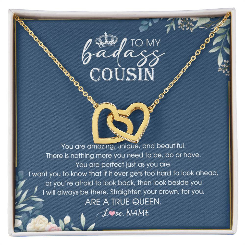 Interlocking Hearts Necklace 18K Yellow Gold Finish | Personalized To My Cousin Necklace Straighten Your Crown Cousin Queen Pendant Jewelry Birthday Graduation Christmas Customized Gift Box Message Card | teecentury