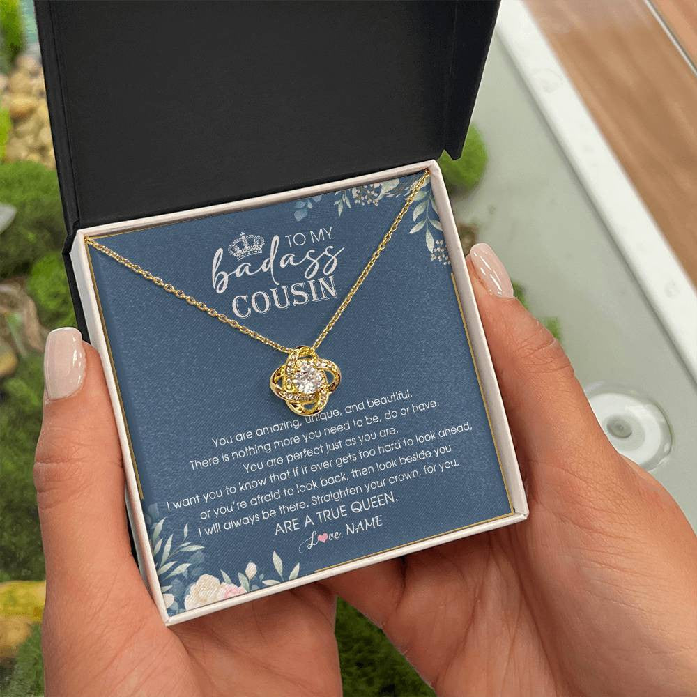 Love Knot Necklace 18K Yellow Gold Finish | Personalized To My Cousin Necklace Straighten Your Crown Cousin Queen Pendant Jewelry Birthday Graduation Christmas Customized Gift Box Message Card | teecentury