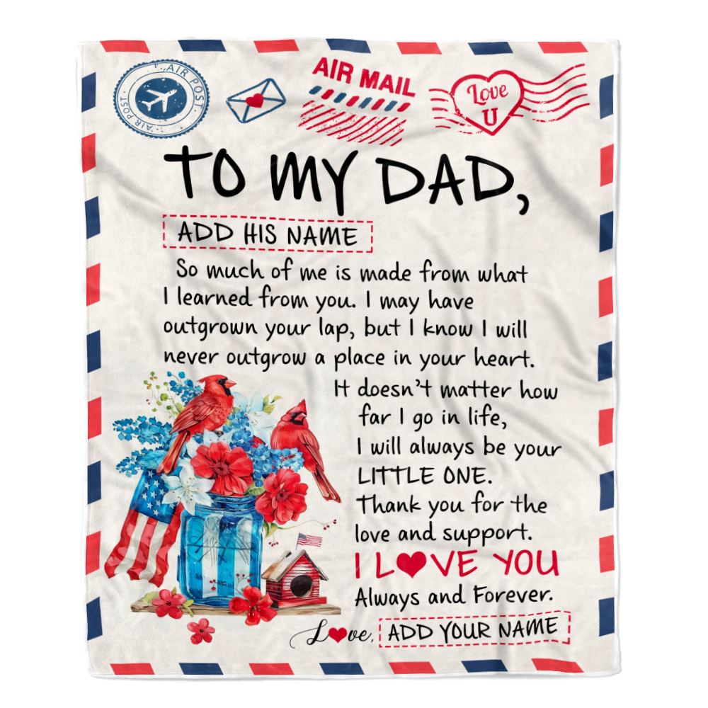 Personalized To My Dad Gifts Blanket From Daughter Son Cardinal Letter Air Mail Letter Birthday Gifts For Dad Fathers Day Christmas Customized Dad Fleece Blanket | teecentury