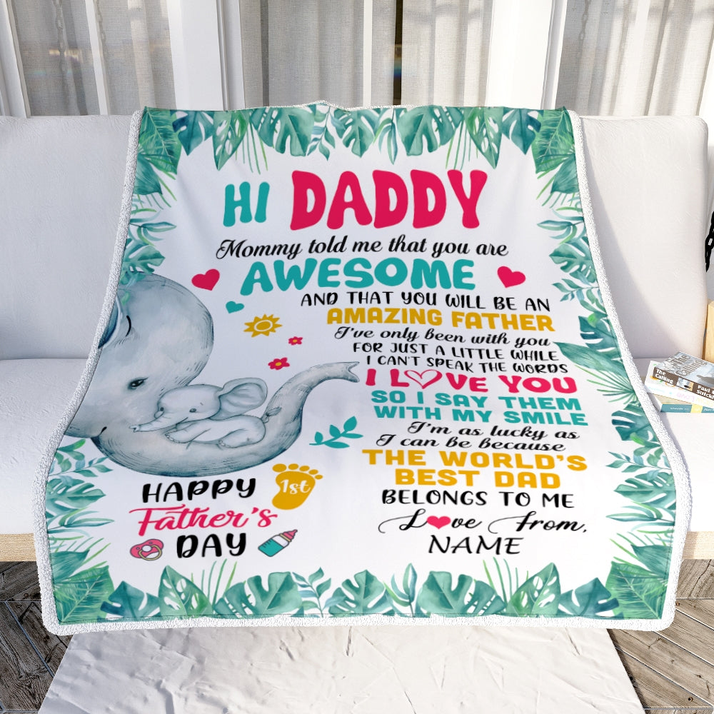 Personalized To My Daddy First Time Dad Elephant 1St Happy Fathers Day New Father Custom Baby's Name To Father Customized Fleece Blanket Blanket | Teecentury.com