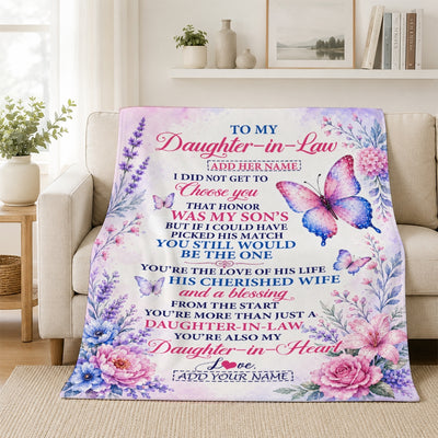 Personalized To My Daughter-In-Law Gifts From Mother-In-Law Blanket Lavender Blue Butterfly Birthday Presents Wedding Anniversary Christmas Fleece Blanket | teecentury