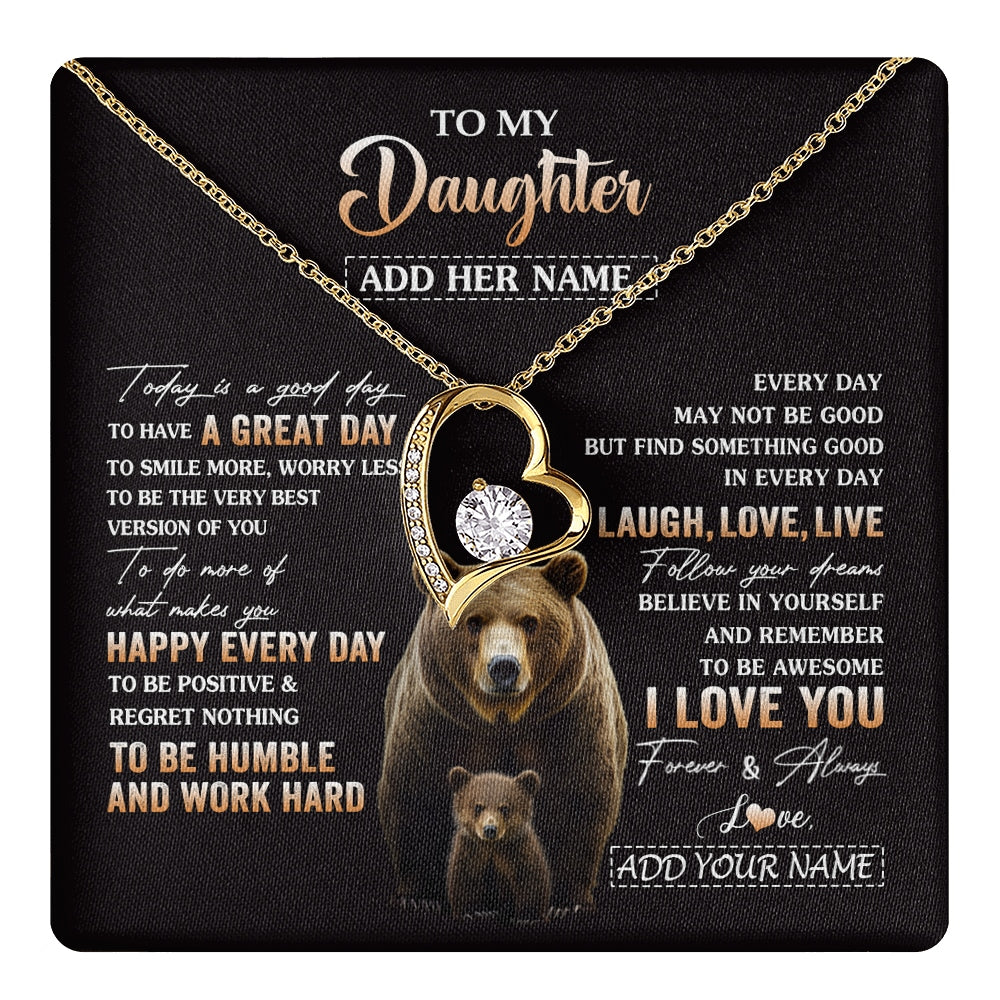 Forever Love Necklace 18K Yellow Gold Finish | 1 | Personalized To My Daughter Bear Necklace From Mom Dad Every Day Laugh Love Live Daughter Birthday Gifts Graduation Christmas Custom Gift Box Message Card | https://teecentury.