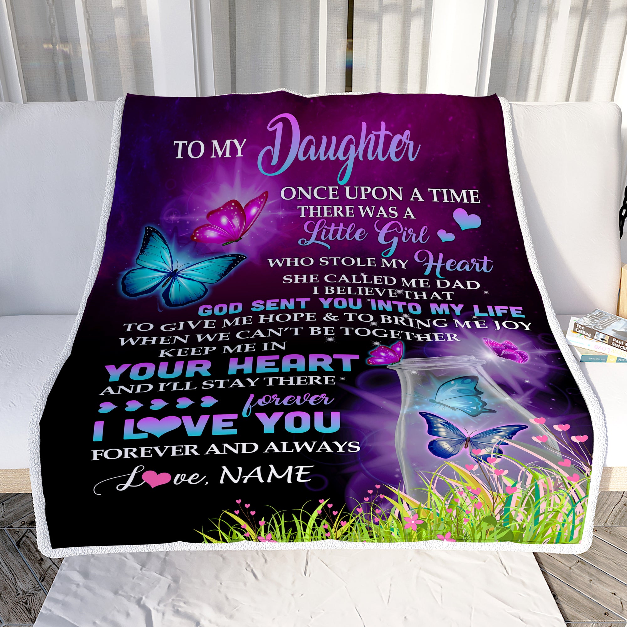 Personalized To My Daughter Blanket From Dad Father Butterfly Once Upon A Time There Was A Girl Daughter Birthday Christmas Customized Fleece Blanket | teecentury