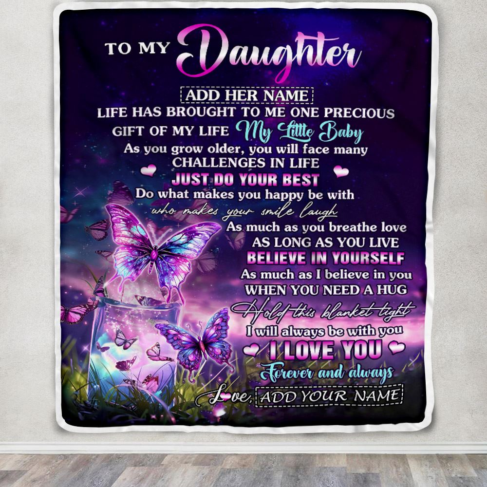 Personalized To My Daughter Blanket From Mom Dad My Little Baby Butterfly Daughter Birthday Present Gifts Summer Travel Christmas Customized Fleece Blanket | teecentury