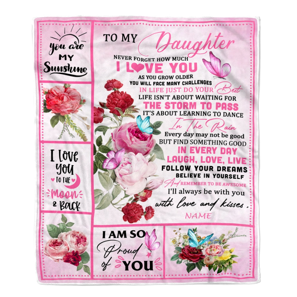 Personalized To My Daughter Blanket From Mom Dad Never Forget I Love You Pink Butterfly Daughter Birthday Christmas Customized Bed Fleece Throw Blanket | teecentury