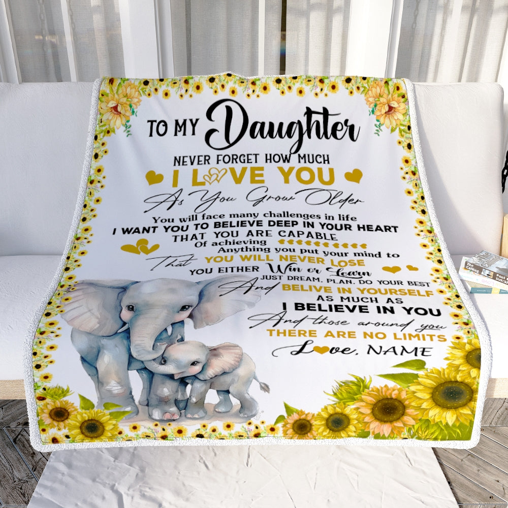 Personalized To My Daughter Blanket from Mom Mother Never Forget I Love You Sunflower Elephant Daughter Birthday Christmas Customized Bed Fleece Throw Blanket | teecentury