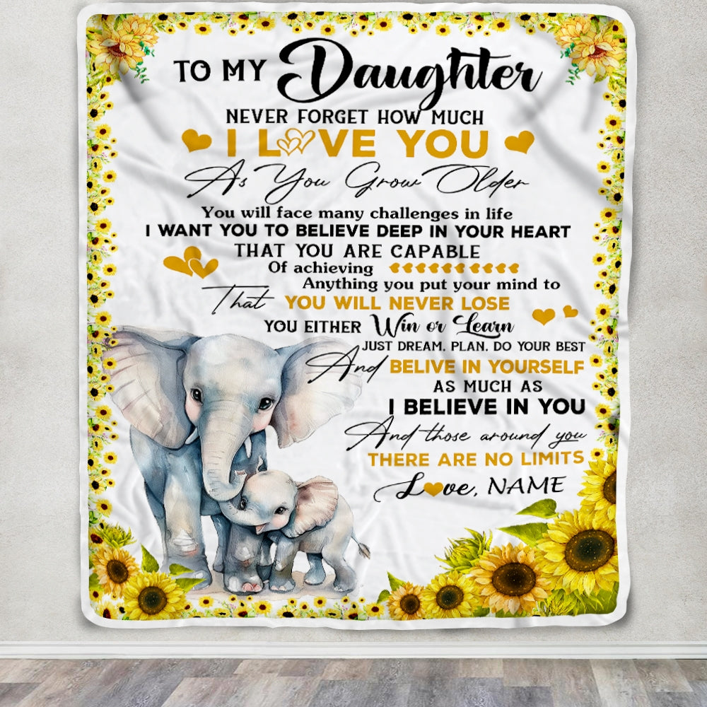 Personalized To My Daughter Blanket from Mom Mother Never Forget I Love You Sunflower Elephant Daughter Birthday Christmas Customized Bed Fleece Throw Blanket | teecentury