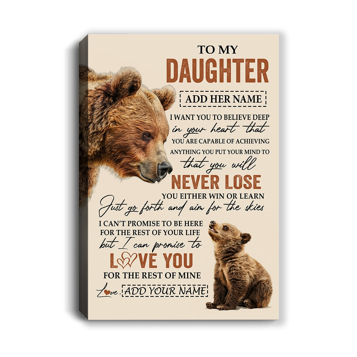 Personalized To My Daughter Canvas From Mom Dad Mother You Will Never Lose Bear Daughter Birthday Gifts Graduation Christmas Custom Wall Art Print Framed Canvas | teecentury