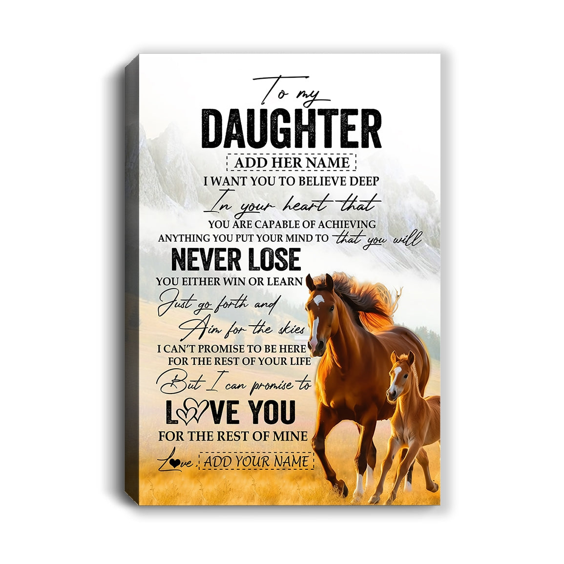 Personalized To My Daughter Canvas From Mom Dad Mother You Will Never Lose Horse Daughter Birthday Gifts Graduation Christmas Custom Wall Art Print Framed Canvas | teecentury