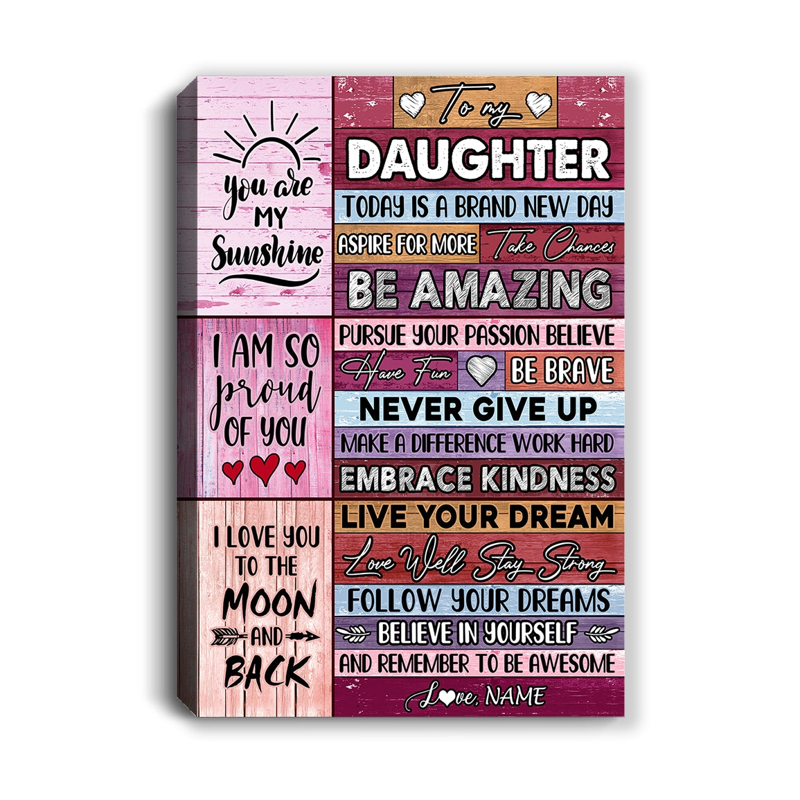 Personalized To My Daughter Canvas From Mom Dad Never Give Up Live Your Dream Pink Wood Daughter Birthday Christmas Custom Wall Art Print Home Decor Framed Canvas | teecentury
