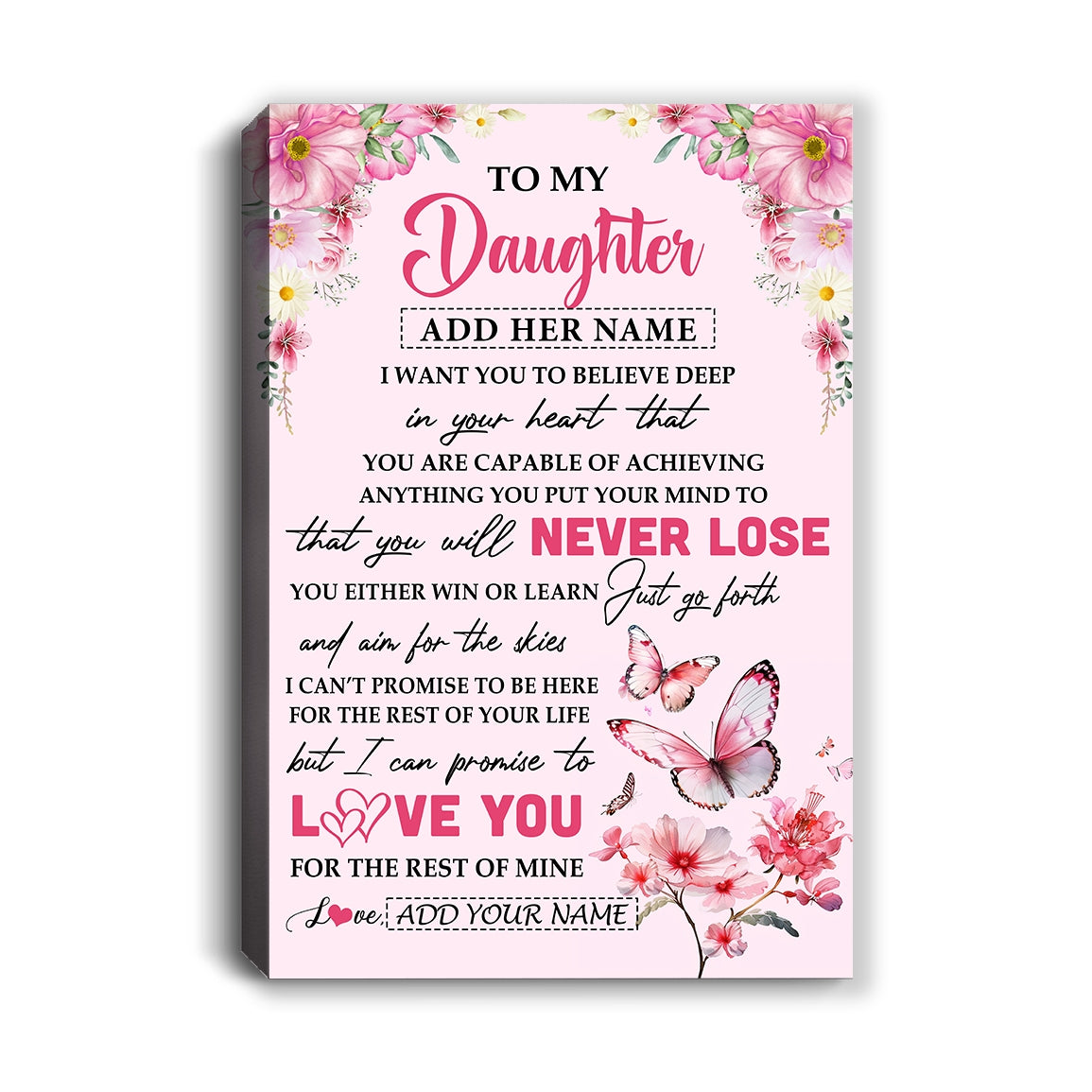 Personalized To My Daughter Canvas From Mom Dad You Will Never Lose Butterfly Daughter Birthday Gifts Graduation Christmas Custom Wall Art Print Framed Canvas | teecentury