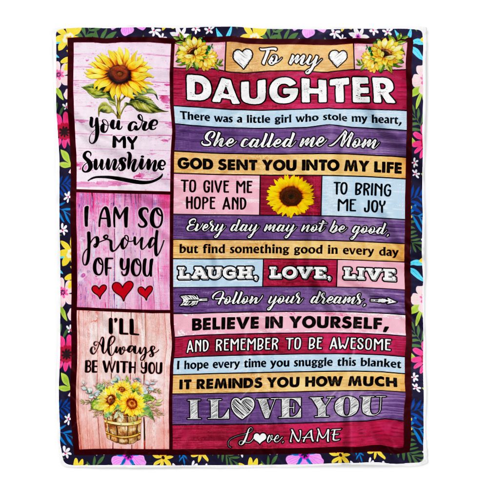 Personalized To My Daughter From Mom Blanket Wood Sunflower Little Girl Birthday Gifts Daughter Graduation Valentines Day Christmas Customized Fleece Blanket | teecentury