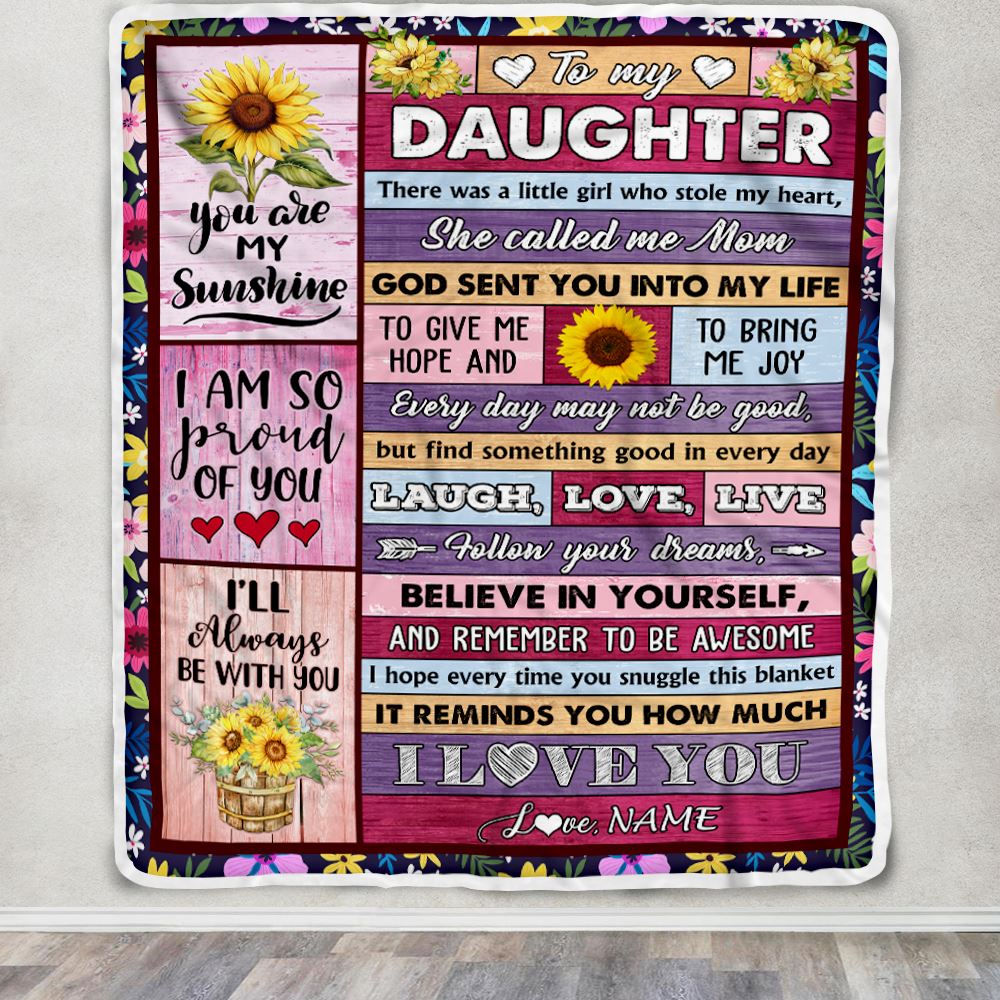 Personalized To My Daughter From Mom Blanket Wood Sunflower Little Girl Birthday Gifts Daughter Graduation Valentines Day Christmas Customized Fleece Blanket | teecentury