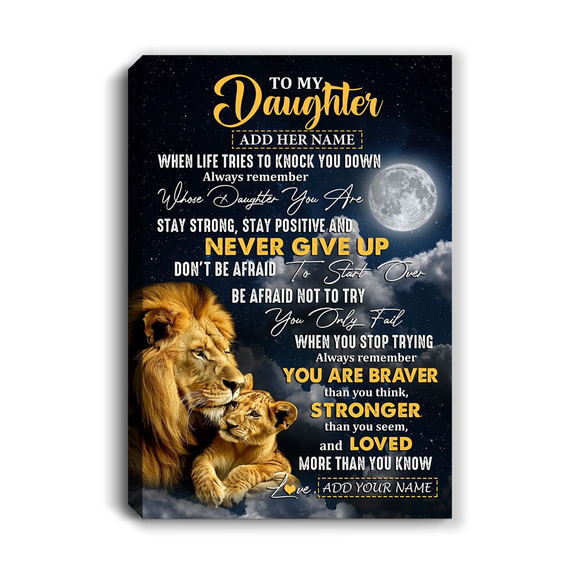 Personalized To My Daughter Gifts Canvas From Dad Mom Father Lion Never Give Up Daughter Birthday Gifts Graduation Christmas Custom Wall Art Print Framed Canvas | teecentury