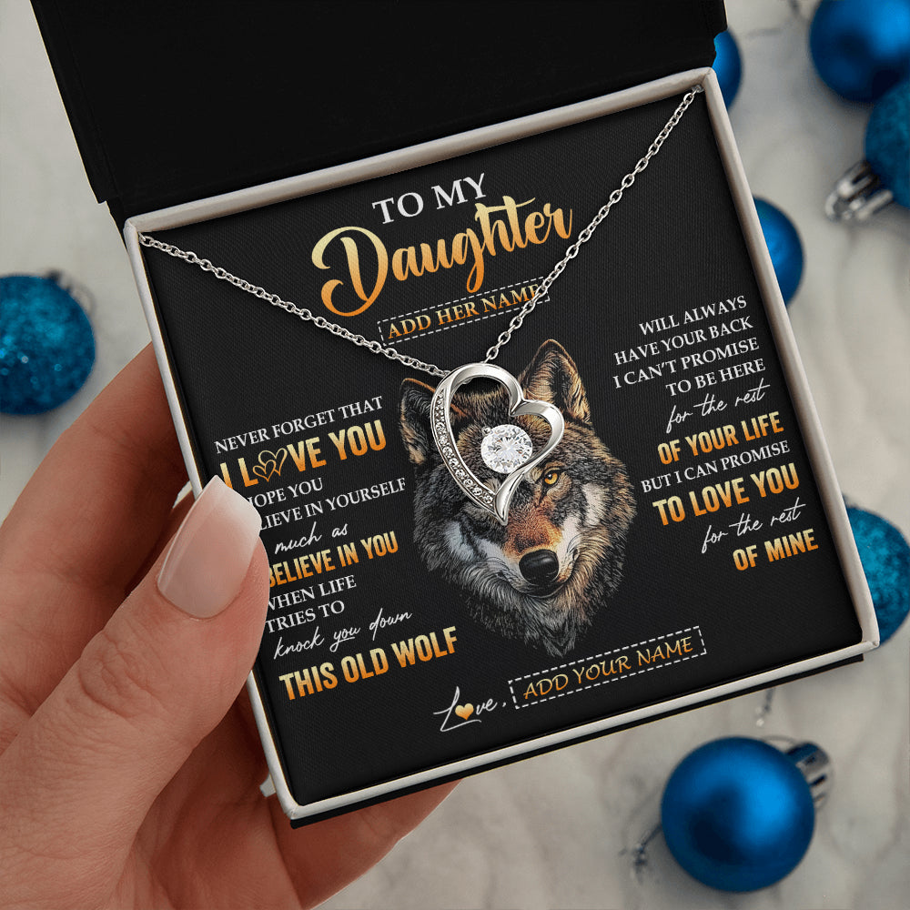 Forever Love Necklace 14K White Gold Finish | 2 | Personalized To My Daughter Gifts From Dad Father Mom Mother Necklace Old Wolf Love You Daughter Birthday Gifts Graduation Christmas Gift Box Message Card | teecentury