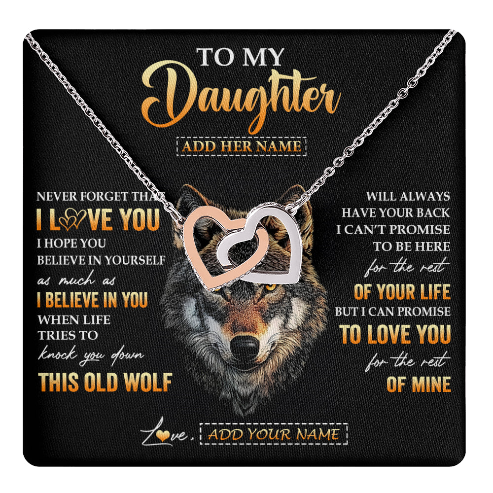 Interlocking Hearts Necklace Stainless Steel & Rose Gold Finish | 1 | Personalized To My Daughter Gifts From Dad Father Mom Mother Necklace Old Wolf Love You Daughter Birthday Gifts Graduation Christmas Gift Box Message Card | teecentury