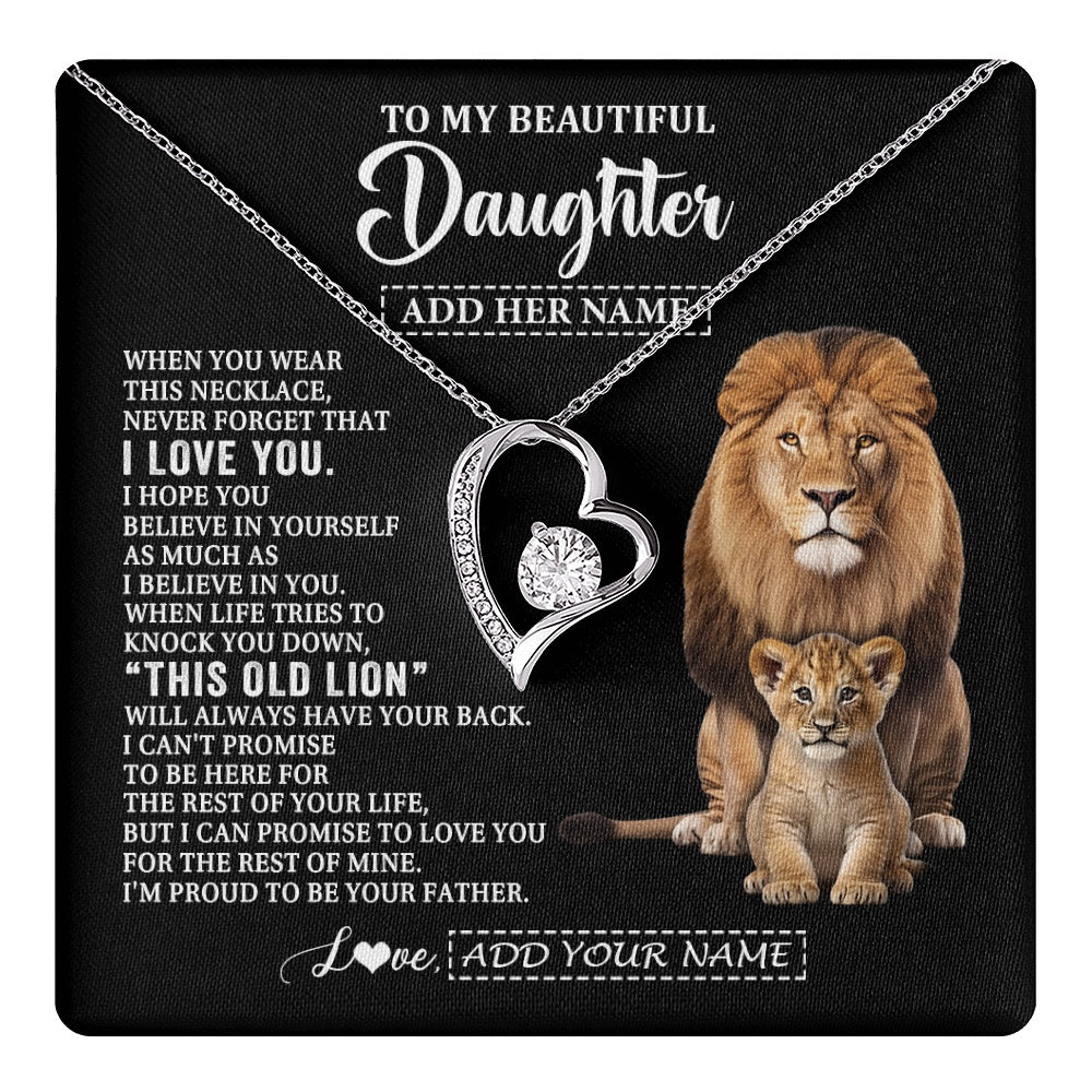 Forever Love Necklace 14K White Gold Finish | 1 | Personalized To My Daughter Gifts From Dad Father Necklace This Old Lion Love You Daughter Birthday Gifts Graduation Christmas Jewelry Gift Box Message Card | https://teecentury.