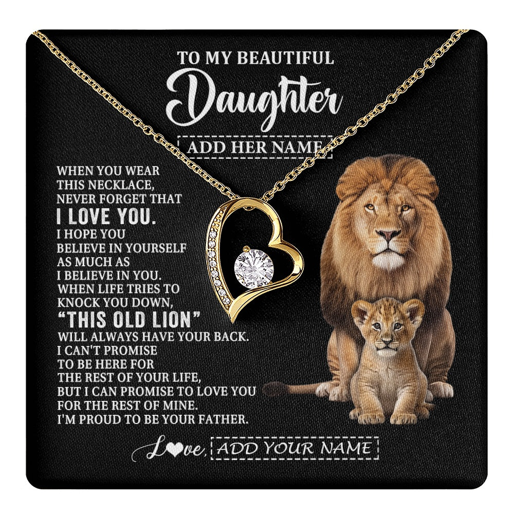 Forever Love Necklace 18K Yellow Gold Finish | 1 | Personalized To My Daughter Gifts From Dad Father Necklace This Old Lion Love You Daughter Birthday Gifts Graduation Christmas Jewelry Gift Box Message Card | https://teecentury.
