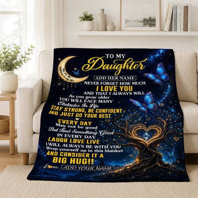 Personalized To My Daughter Gifts From Mom Dad Blanket Blue Galaxy Butterfly Moon Birthday Gifts For Daughter Graduation Christmas Fleece Throw Blanket | teecentury