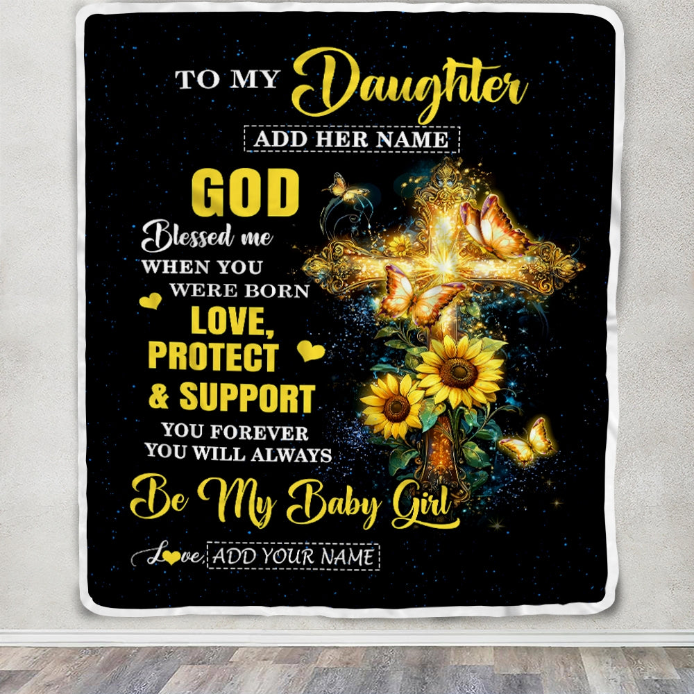 Personalized To My Daughter Gifts From Mom Dad Blanket Cross Sunflower Christian Blessed Daughter Birthday Presents Graduation Gifts Christmas Fleece Blanket | teecentury