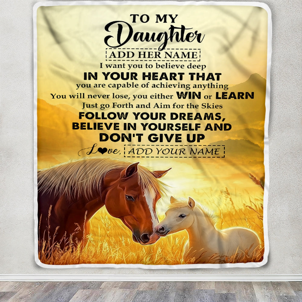 Personalized To My Daughter Gifts From Mom Dad Blanket Don't Give Up Horse Gifts For Daughter Birthday Graduation Christmas Customized Fleece Throw Blanket | teecentury