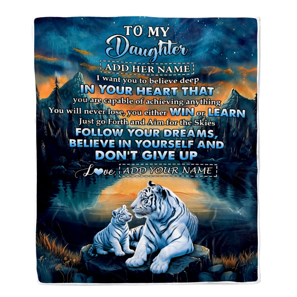 Personalized To My Daughter Gifts From Mom Dad Blanket Don't Give Up White Tiger Gifts For Daughter Birthday Graduation Christmas Customized Fleece Blanket | teecentury