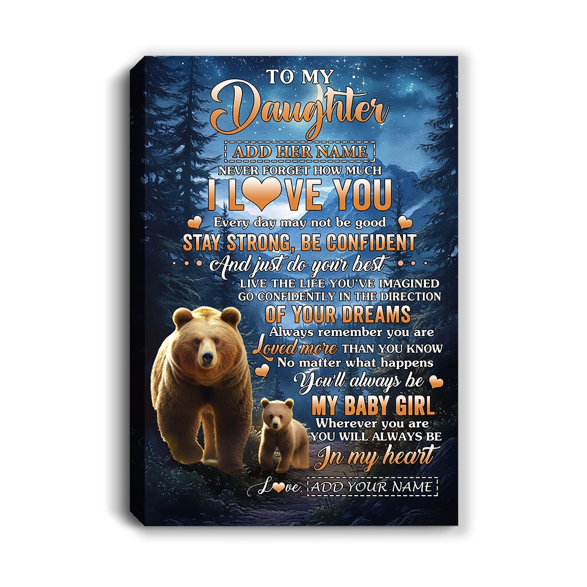 Personalized To My Daughter Gifts From Mom Dad Canvas Bear Never Forget How Much I Love You Daughter Birthday Gifts Graduation Christmas Custom Print Framed Canvas | teecentury