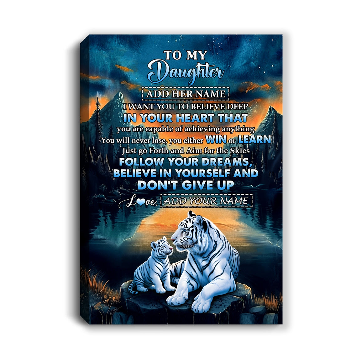 Personalized To My Daughter Gifts From Mom Dad Canvas Don't Give Up White Tiger Gifts For Daughter Birthday Graduation Christmas Custom Wall Art Framed Canvas | teecentury