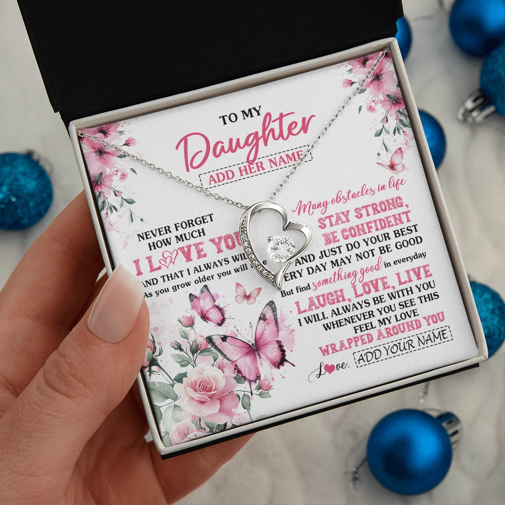 Forever Love Necklace 14K White Gold Finish | 2 | Personalized To My Daughter Gifts From Mom Dad Necklace I Love You Butterfly Birthday Gifts For Daughter Graduation Christmas Custom Gift Box Message Card | https://teecentury.