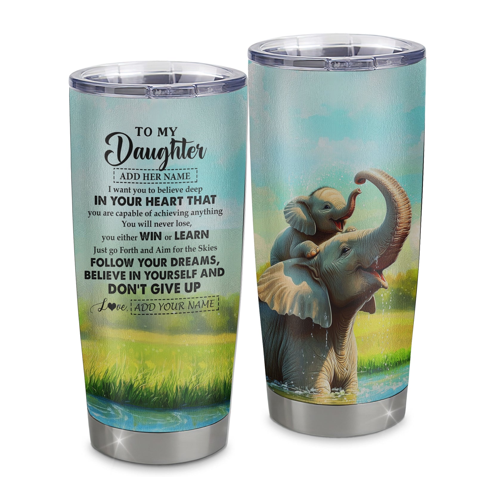 Personalized To My Daughter Gifts From Mom Dad Tumbler Don't Give Up Elephant Gifts For Daughter Birthday Graduation Christmas Custom Stainless Steel Travel Mug | teecentury