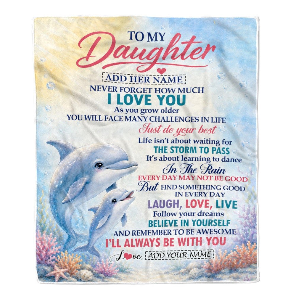 Personalized To My Daughter Gifts From Mom Mother Blanket Dolphin Ocean Love Message Birthday Christmas Gift For Daughter Women Custom Fleece Throw Blanket | teecentury