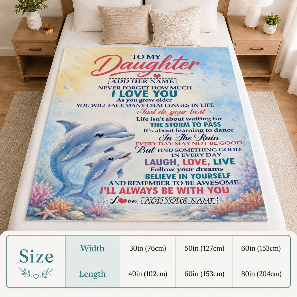 Personalized To My Daughter Gifts From Mom Mother Blanket Dolphin Ocean Love Message Birthday Christmas Gift For Daughter Women Custom Fleece Throw Blanket | teecentury