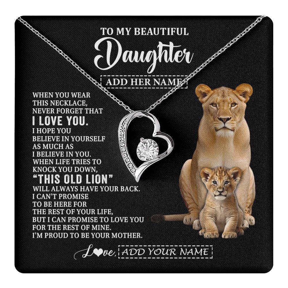Forever Love Necklace 14K White Gold Finish | 1 | Personalized To My Daughter Gifts From Mom Mother Necklace This Old Lion Love You Daughter Birthday Gifts Graduation Christmas Jewelry Gift Box Message Card | https://teecentury.