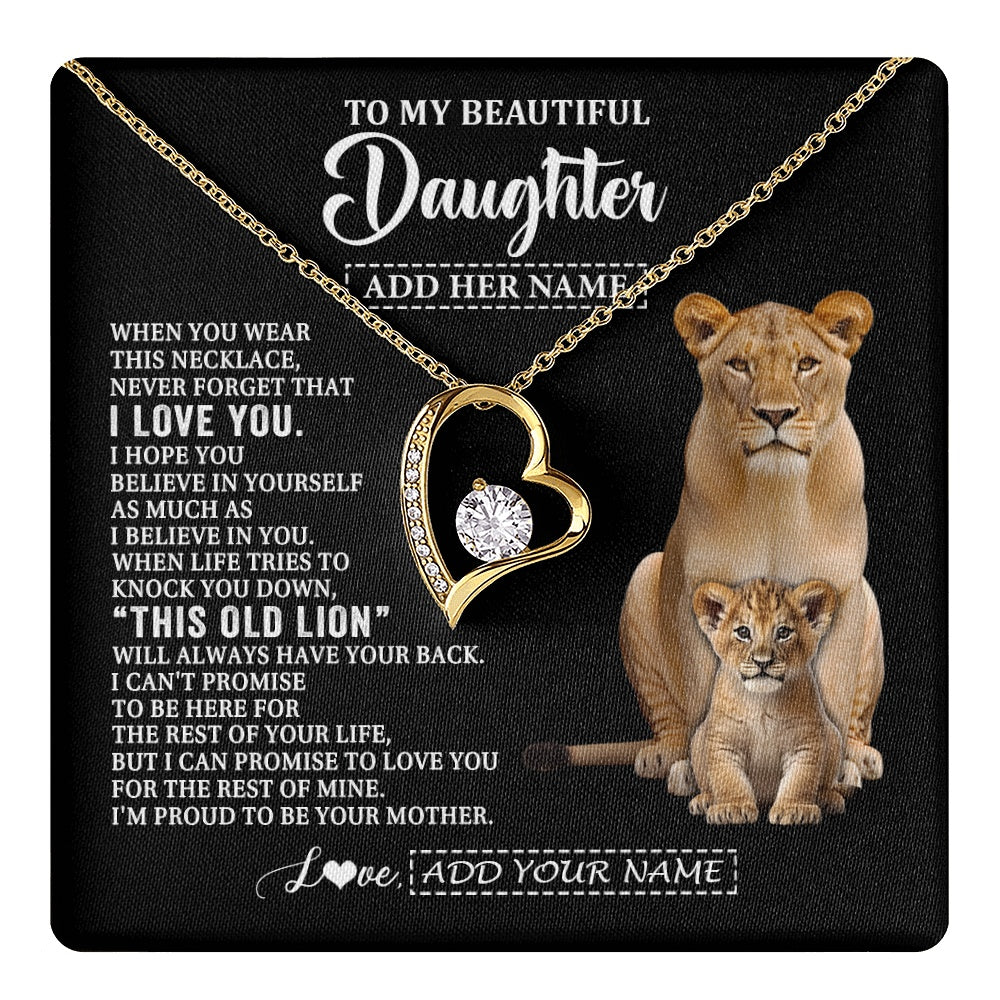 Forever Love Necklace 18K Yellow Gold Finish | 1 | Personalized To My Daughter Gifts From Mom Mother Necklace This Old Lion Love You Daughter Birthday Gifts Graduation Christmas Jewelry Gift Box Message Card | https://teecentury.