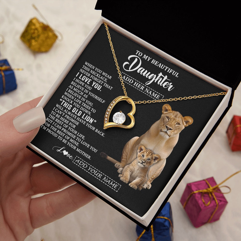 Forever Love Necklace 18K Yellow Gold Finish | 2 | Personalized To My Daughter Gifts From Mom Mother Necklace This Old Lion Love You Daughter Birthday Gifts Graduation Christmas Jewelry Gift Box Message Card | https://teecentury.