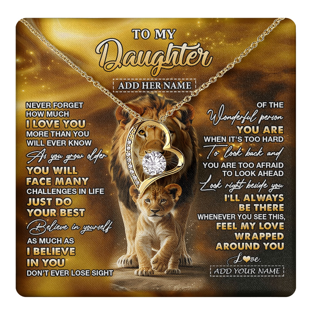 Forever Love Necklace 18K Yellow Gold Finish | 1 | Personalized To My Daughter Gifts Necklace From Dad Father Never Forget How Much I Love You Lion Daughter Birthday Gifts Christmas Custom Gift Box Message Card | https://teecentury.
