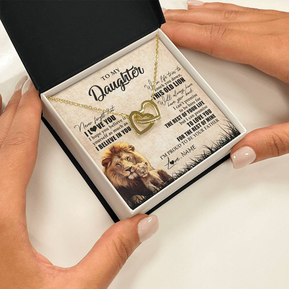 Interlocking Hearts Necklace 18K Yellow Gold Finish | Personalized To My Daughter Gifts Necklace From Dad Father Old Lion Daughter Jewelry Birthday Gifts Graduation Christmas Customized Gift Box Message Card | teecentury