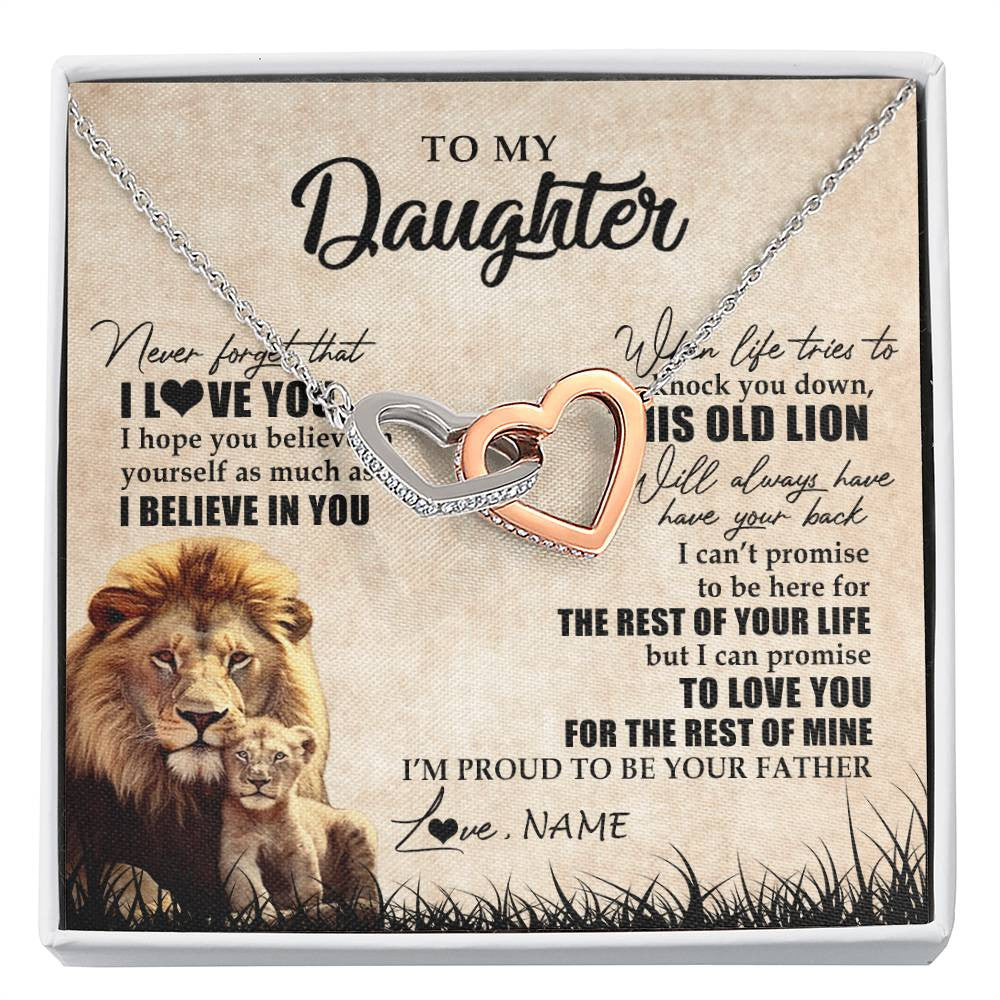 Interlocking Hearts Necklace Stainless Steel & Rose Gold Finish | Personalized To My Daughter Gifts Necklace From Dad Father Old Lion Daughter Jewelry Birthday Gifts Graduation Christmas Customized Gift Box Message Card | teecentury