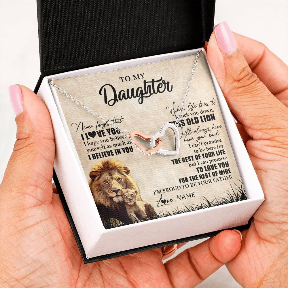 Interlocking Hearts Necklace Stainless Steel & Rose Gold Finish | Personalized To My Daughter Gifts Necklace From Dad Father Old Lion Daughter Jewelry Birthday Gifts Graduation Christmas Customized Gift Box Message Card | teecentury